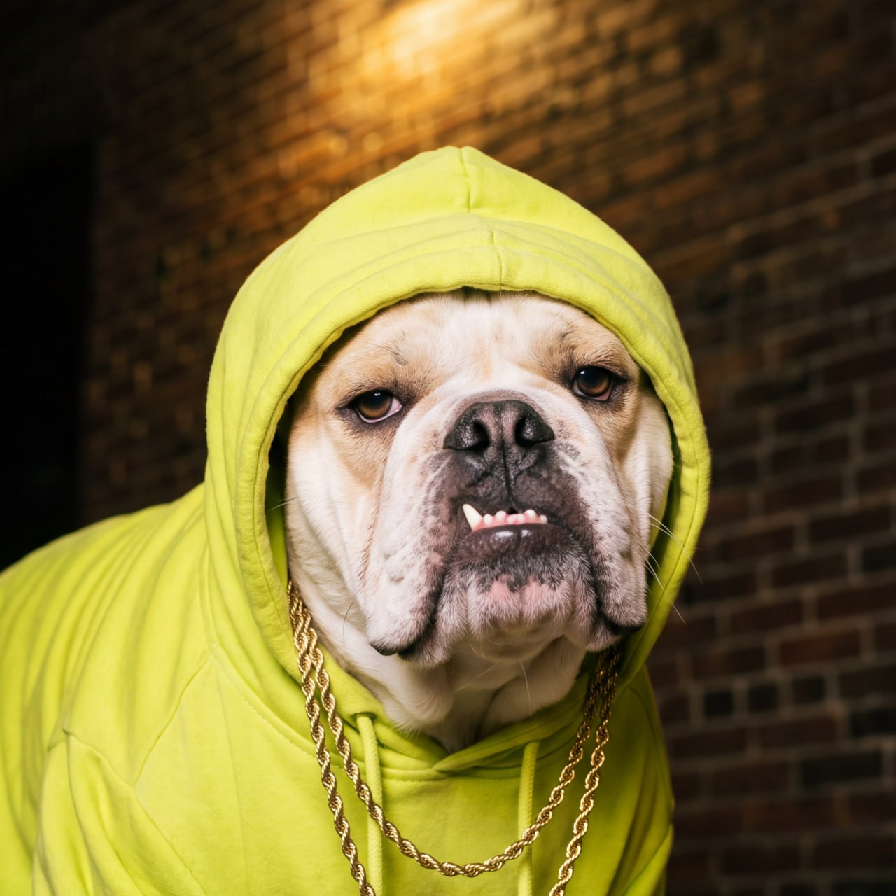 Hoodie: an English bulldog with his lime hoodie up and two gold chains, against a brick wall